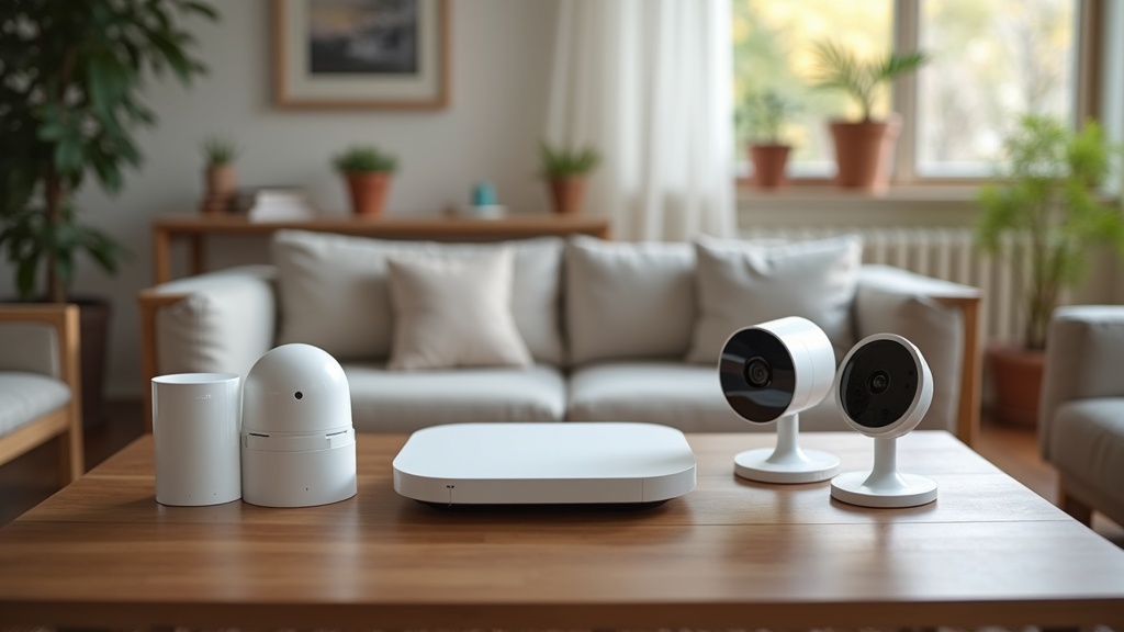 A modern smart home security setup with cameras, sensors, and a control hub on a coffee table with a background of a cozy living room, no people