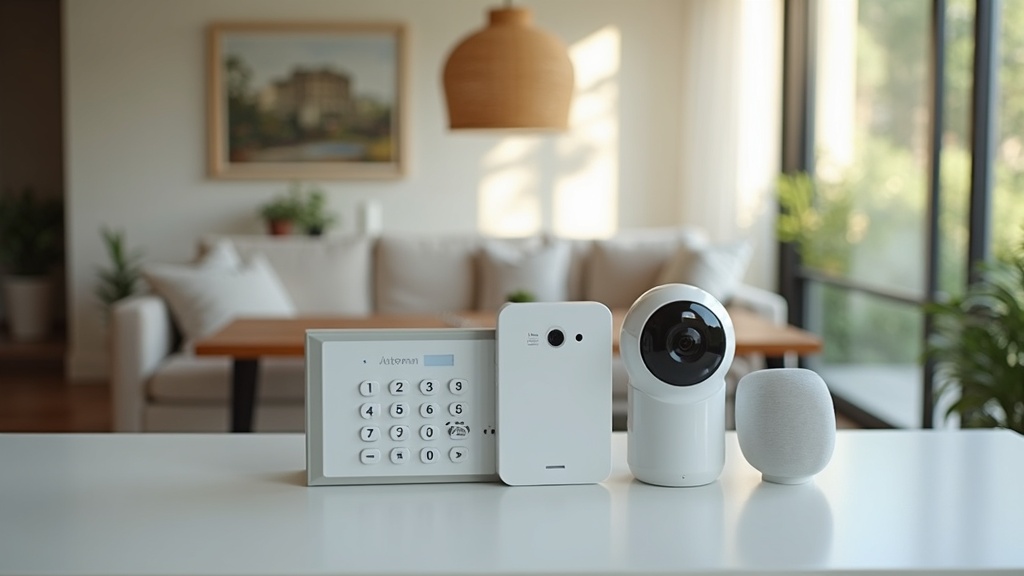 A comparison of smart home security gadgets and traditional alarm system equipment, arranged on a modern home table
