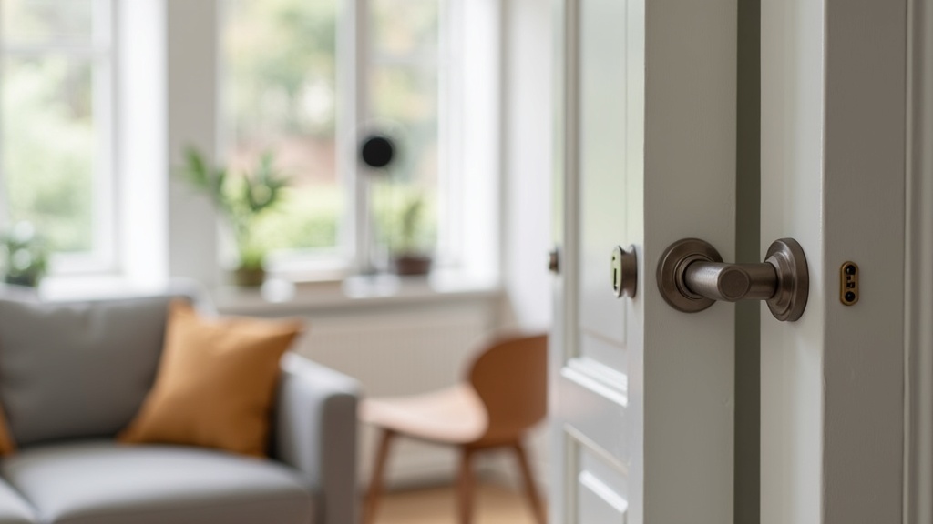 A modern living room in an Airbnb with visible smart home security devices, including a smart lock on the door and a security camera in the corner.