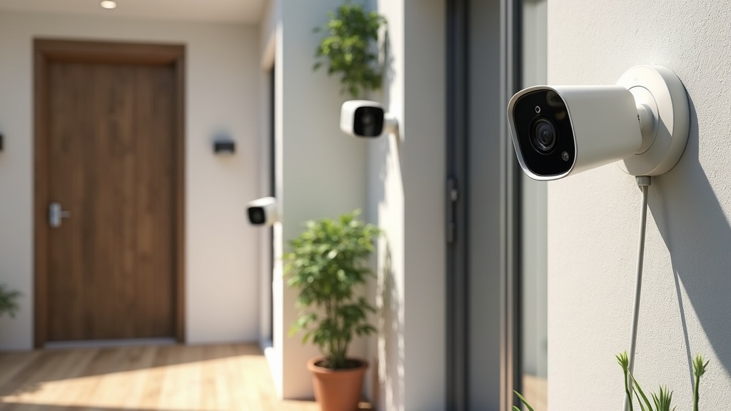 A modern smart home interior with various smart cameras placed around the room and on exterior walls.