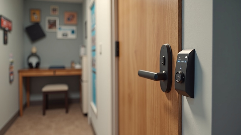 A smart lock installed on a modern dorm room door, accompanied by small organizational storage and a few personal items like books and headphones.
