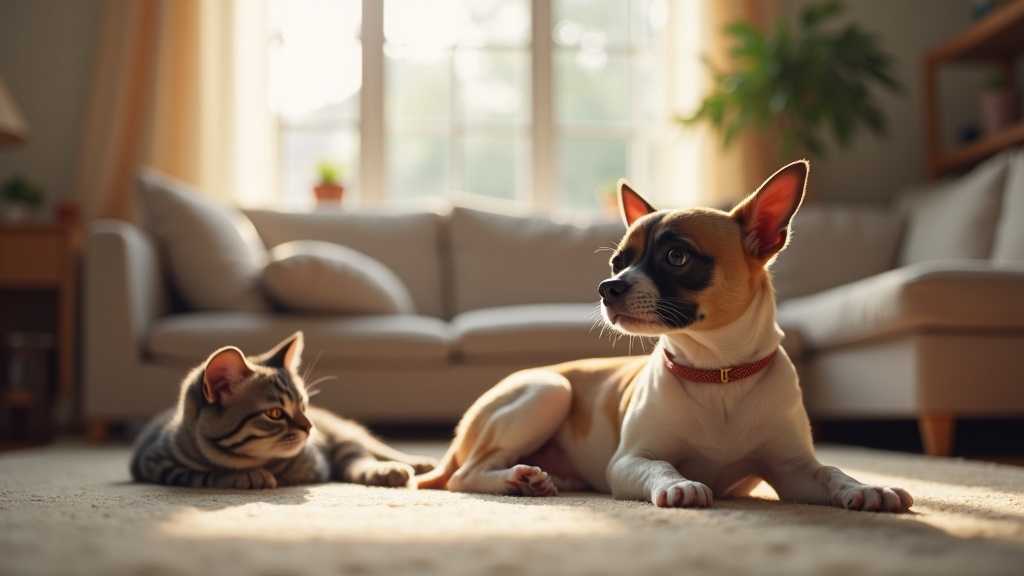 AI-powered home security camera watching over a living room with a small dog and a cat lounging on the floor next to a pet bed.