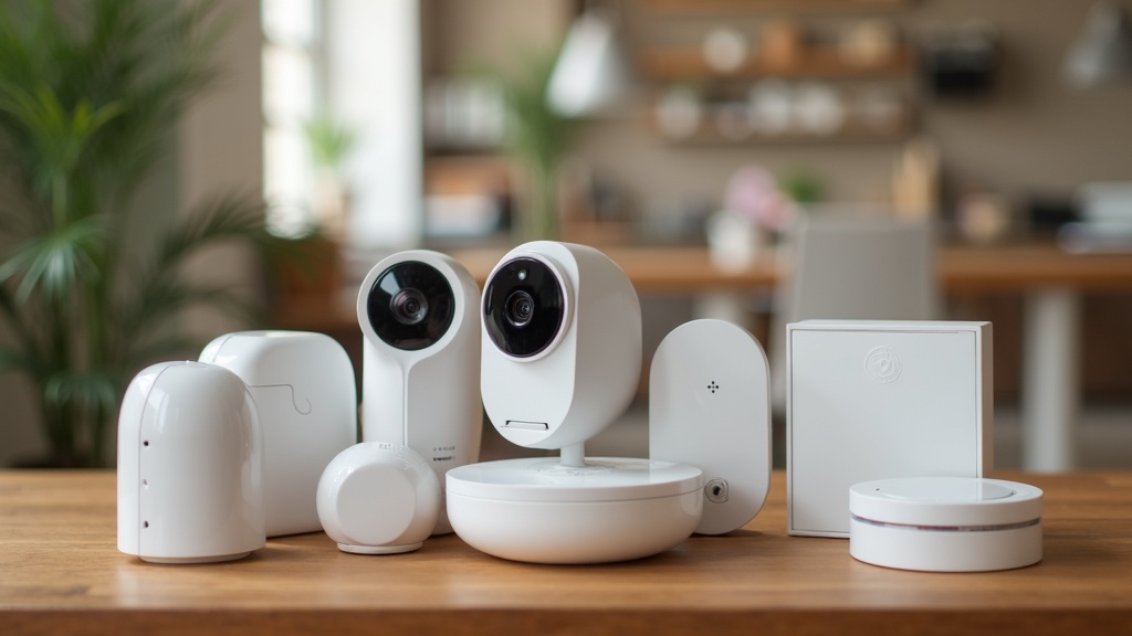 assorted smart home security devices in a living room