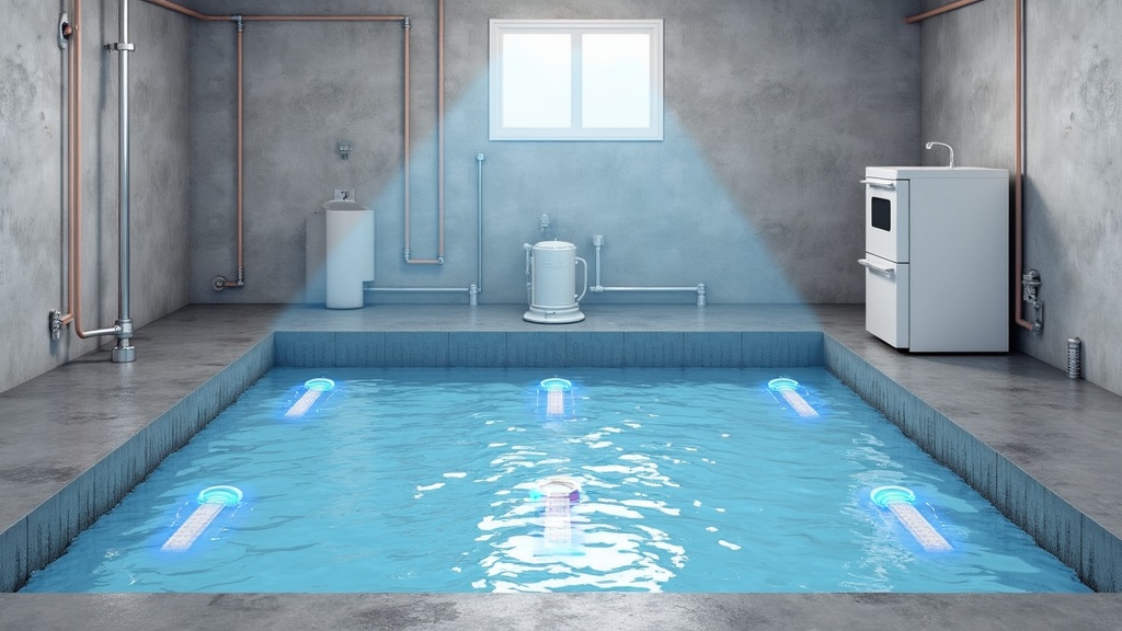 Basement with flood detection sensors installed near sump pump and along walls, with incoming water highlighted digitally