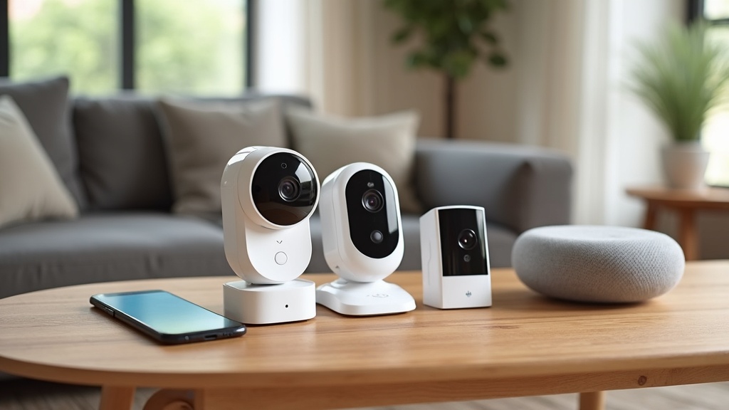 Budget smart home security cameras arranged on a living room table beside a phone and smart speaker
