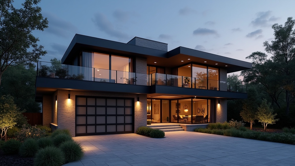 Modern large house with multiple security cameras, motion sensors, and a secure electronic gate in a landscaped yard