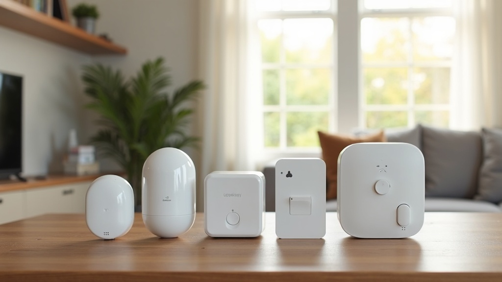 Modern smart home security gadgets including a camera, sensor, and smart lock on a table in a home environment