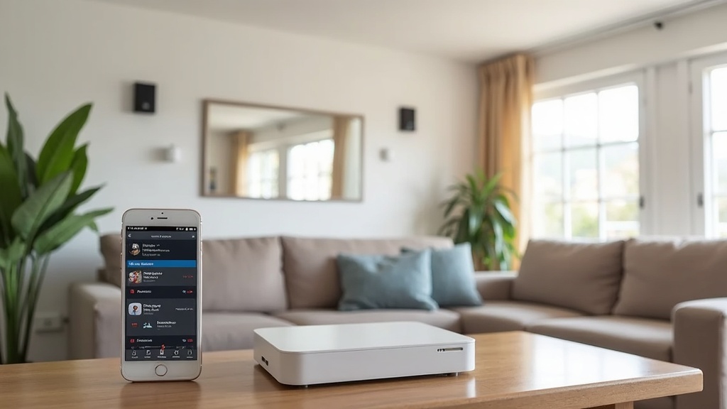 Modern smart home security system mounted in a living room, showing a control panel, security cameras, and window sensors on a bright wall