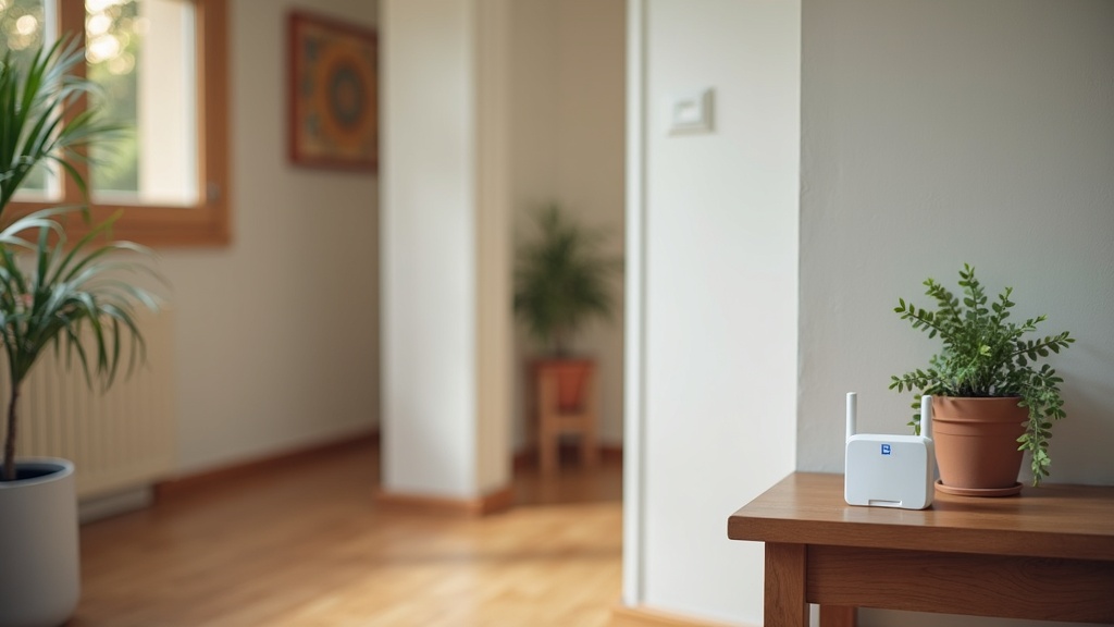 Modern wireless home security system with sensors and cameras on a shelf in a rental apartment