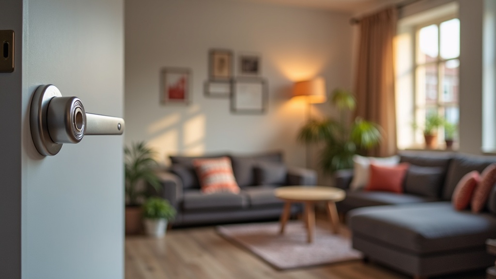 Smart home security devices in cozy Airbnb living room