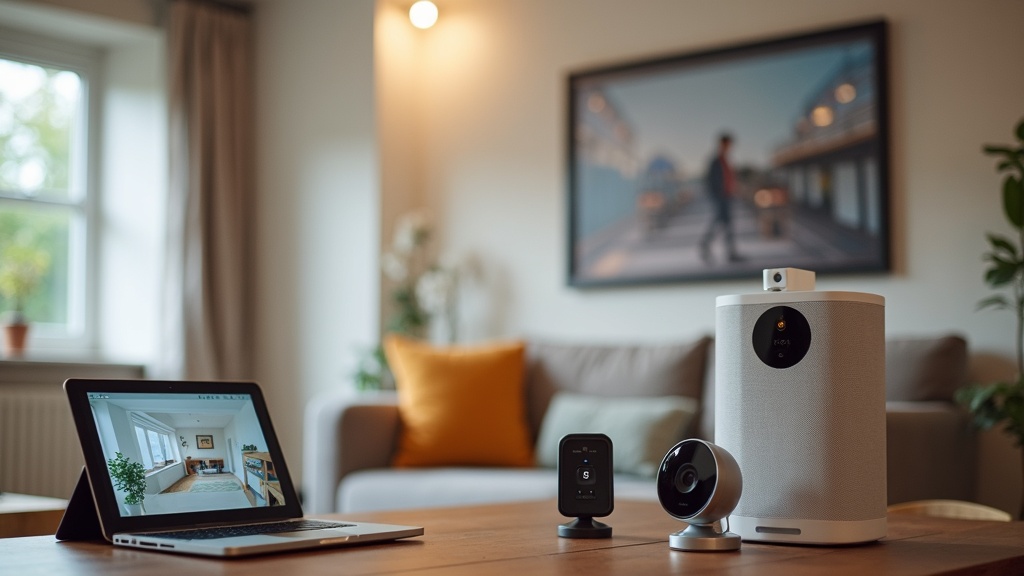 Smart home security system in a modern home with voice assistant speakers and security cameras