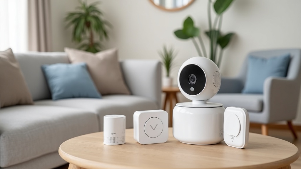 Smart lock, door sensor, and compact security camera kit arranged on a table in a modern living space