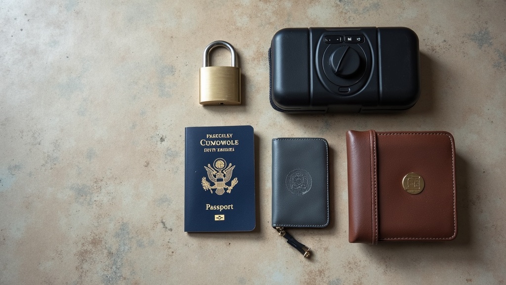 Travel security essentials laid out, including a lock, passport, and portable safe